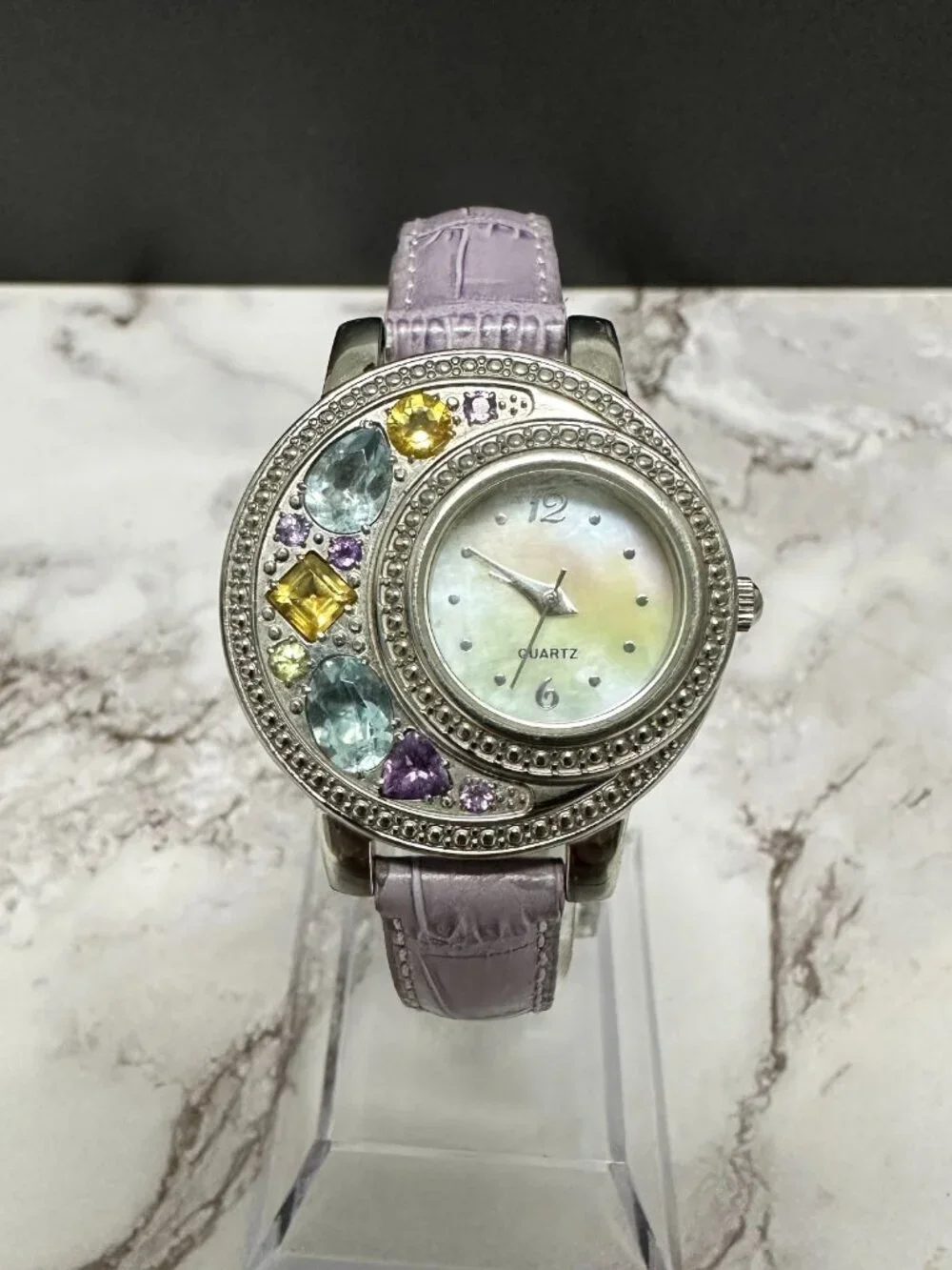 Rhinestone Watch Women Silver Tone Mother of Pearl Dial Leather Band New Battery